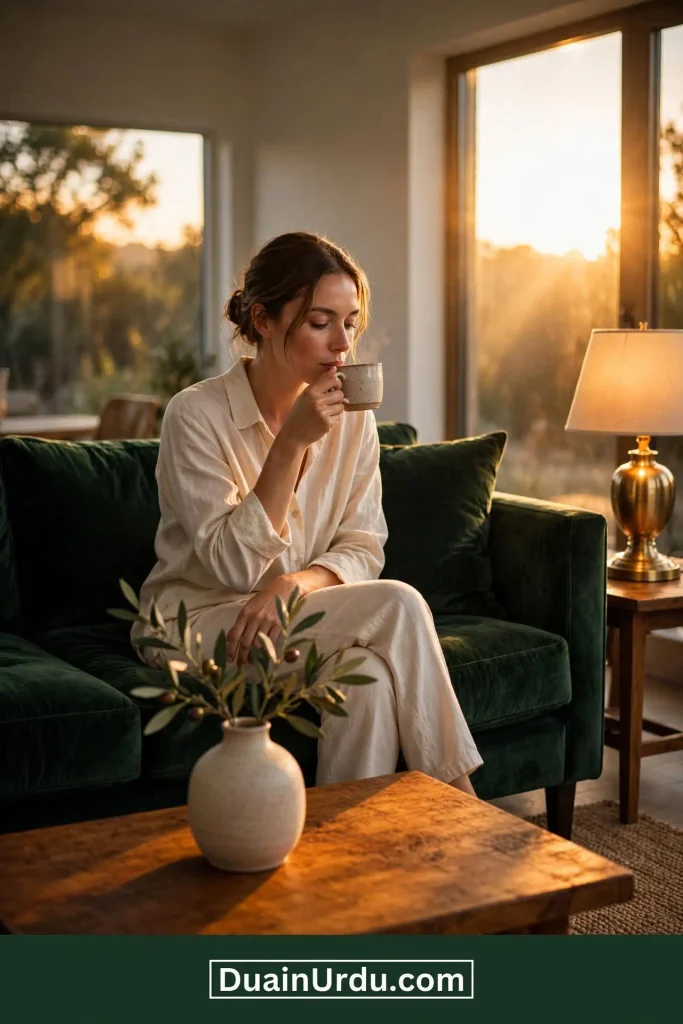 Woman sitting on green sofa with tea in calm living room showing zero cost home decor ideas conclusion