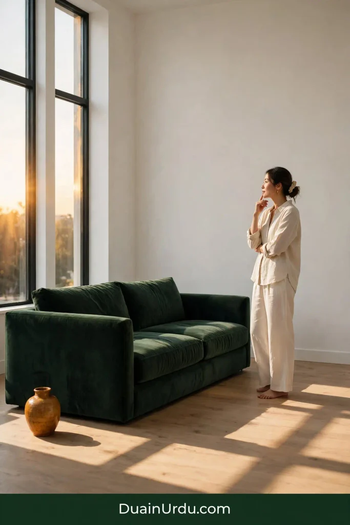 Minimal edited living room with single sofa showing zero cost home decor ideas that prove beauty is not about budget