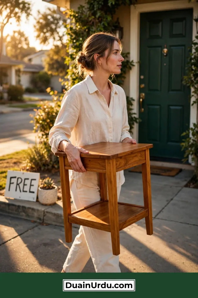 Woman carrying free wooden side table from curbside showing zero cost home decor ideas sourced from community