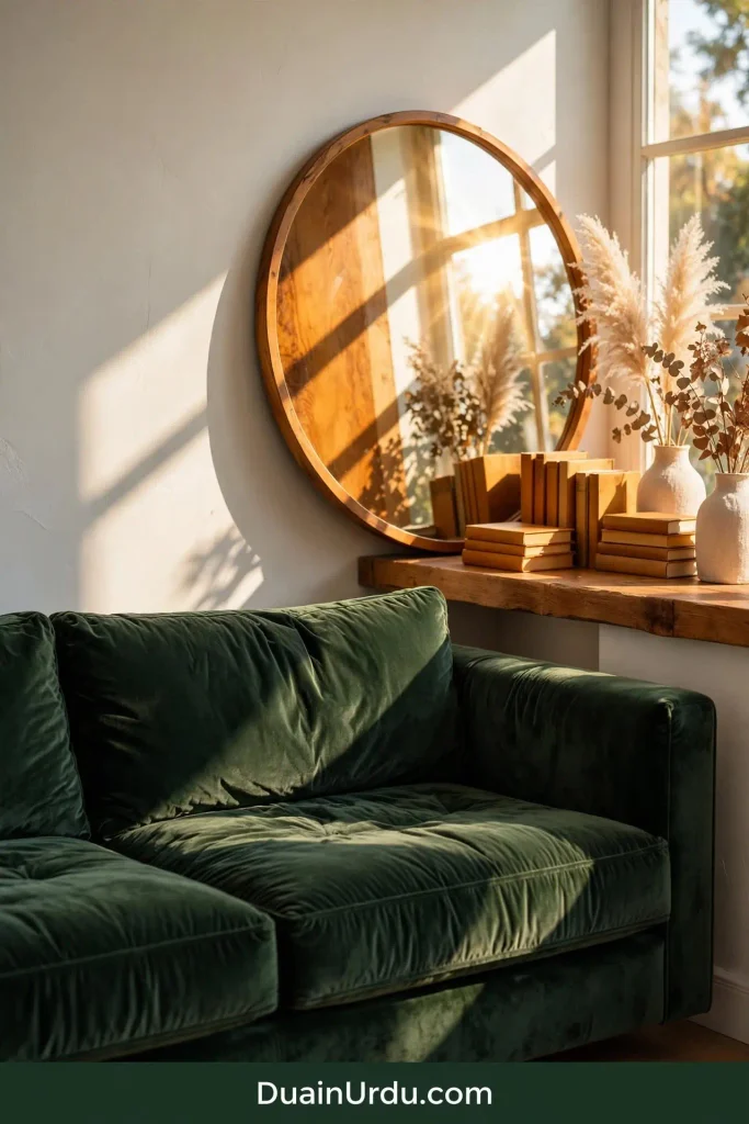 Living room with mirror facing window reflecting light showing zero cost home decor ideas that look expensive