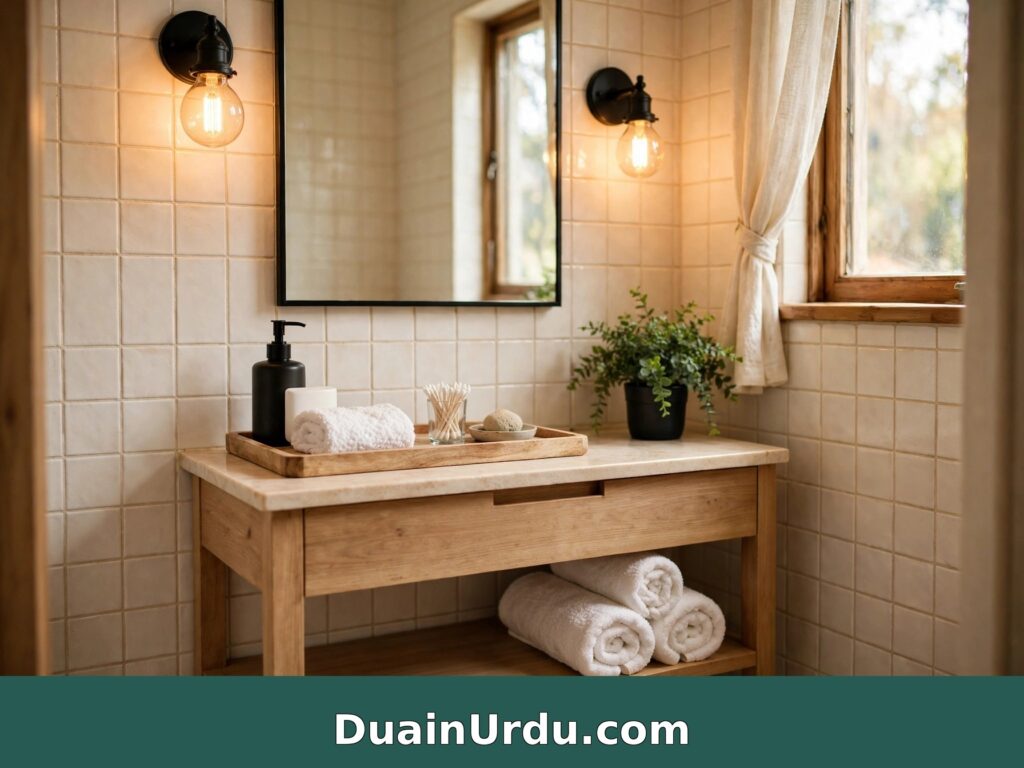 Featured bathroom upgrade showing expensive look on zero cost home decor ideas with warm lighting and wood vanity | Luxury bathroom upgrade with zero cost home decor ideas