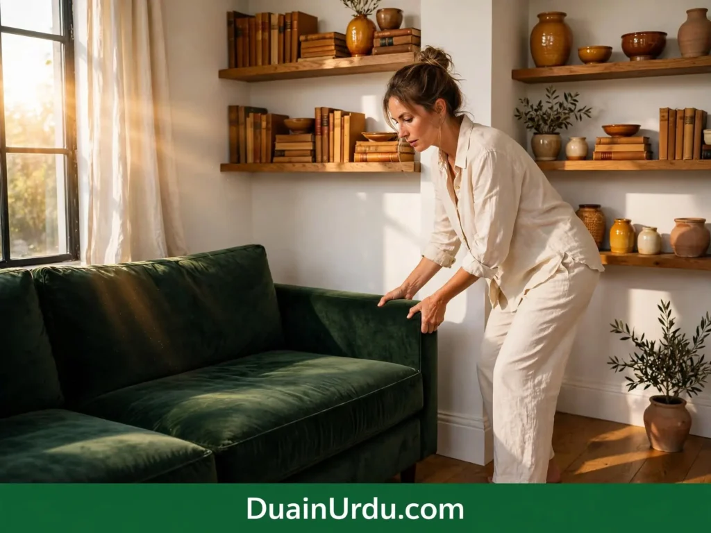 Woman rearranging living room sofa showing zero cost home decor ideas in bright intentional space