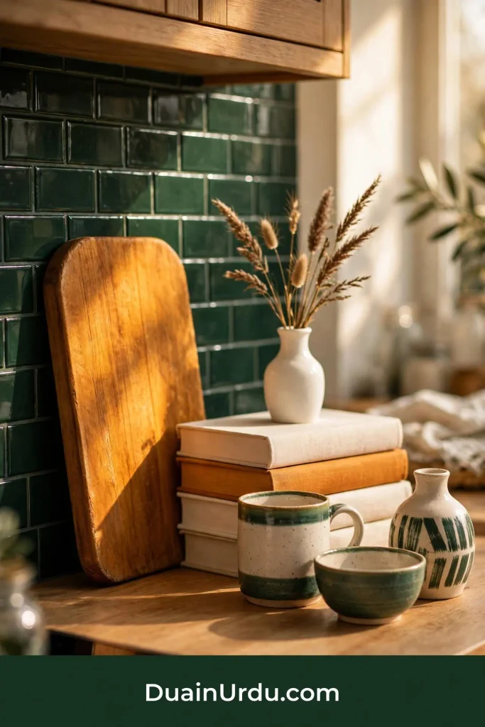  Kitchen counter with cutting board leaning and books stacked showing zero cost home decor ideas using everyday items