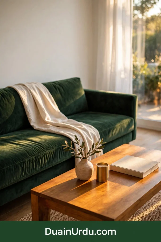 Edited living room with green sofa and throw showing zero cost home decor ideas without buying anything