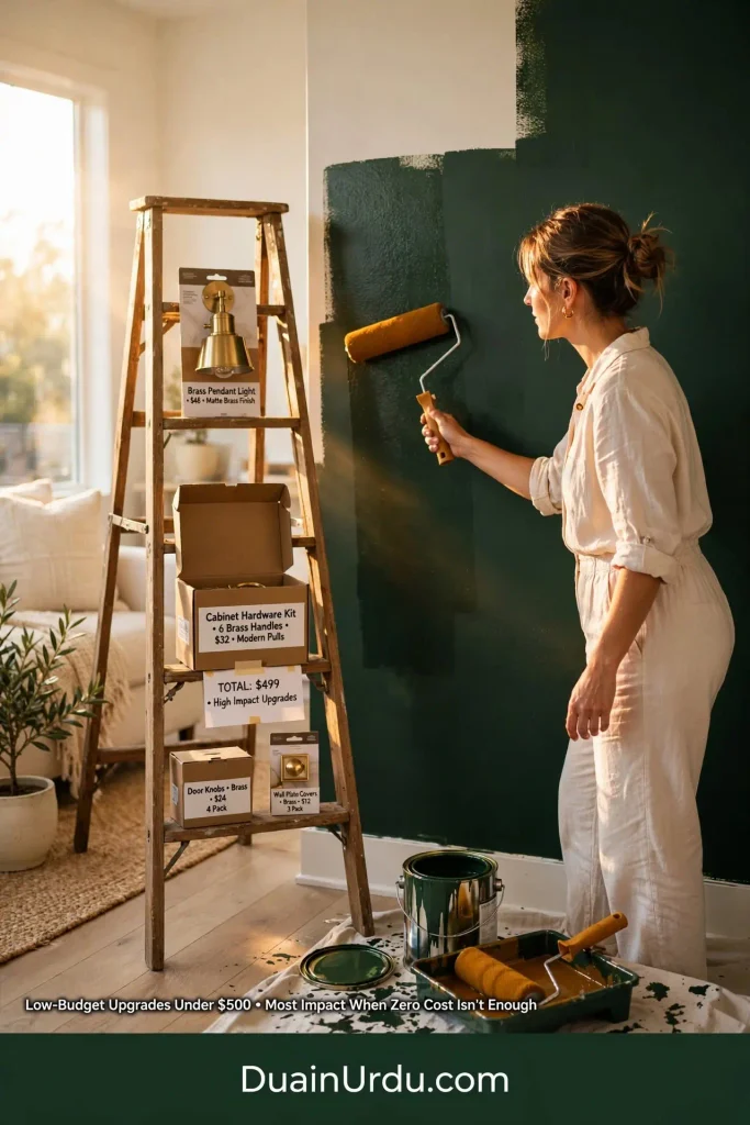 Woman painting accent wall green with ladder showing brass light and hardware for low budget upgrades under 500 dollars