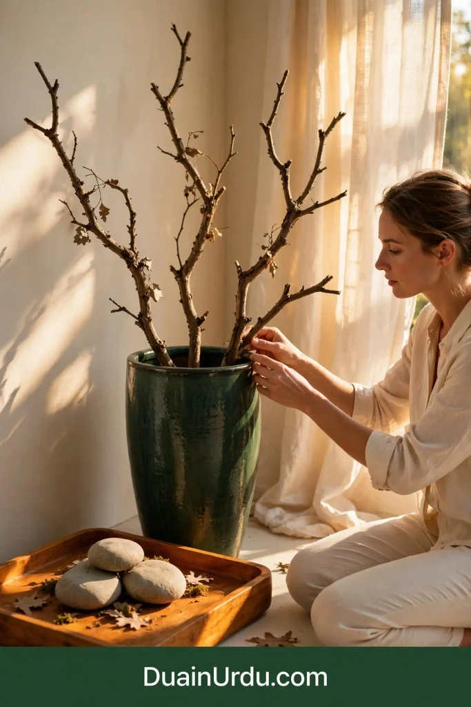 Woman arranging bare branches in green pot with stones on tray showing zero cost home decor ideas using nature