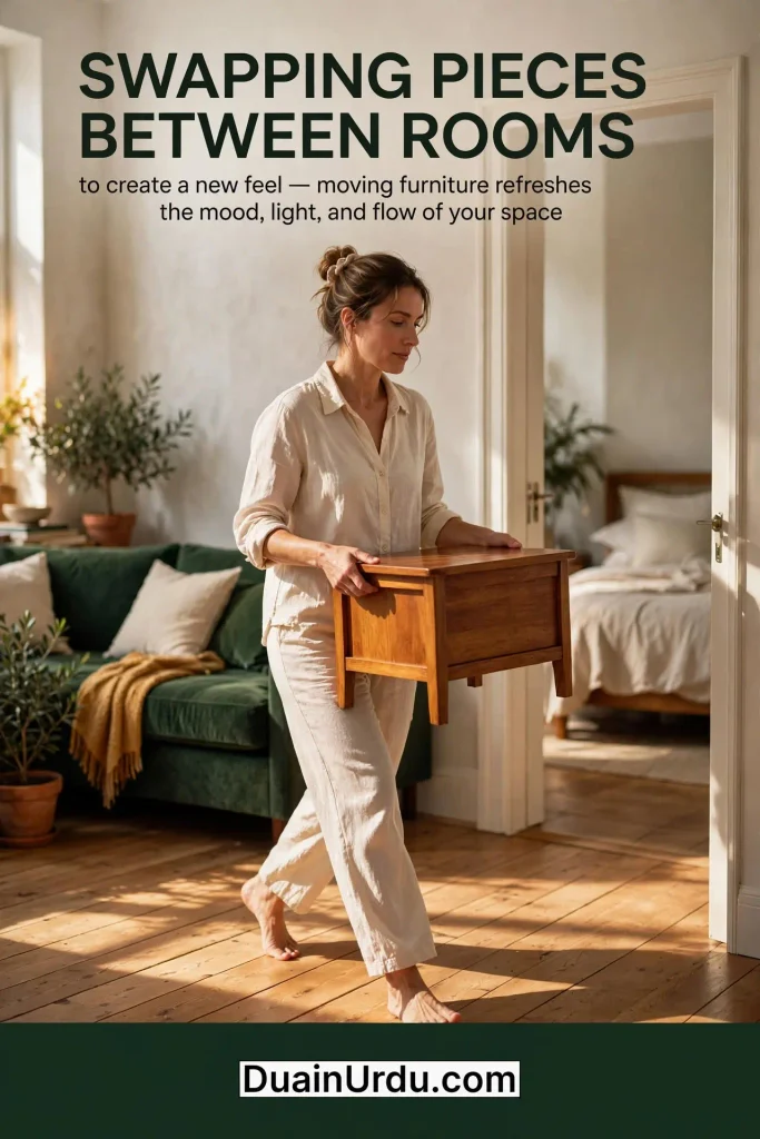Woman moving side table between rooms demonstrating zero cost home decor ideas for rearranging
